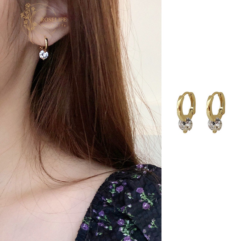 Roselife Elegan 14 K Emas Berkilau Kristal Hoop Anting Wanita Perempuan Zirkon Halus Lingkaran Bulat Anting-Anting Sederhana Fashion Telinga Perhiasan Aksesoris