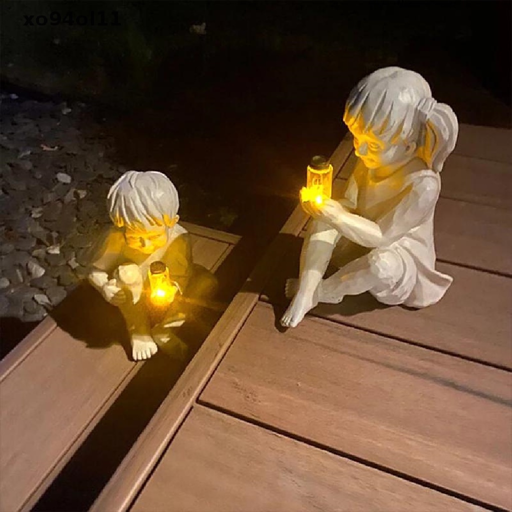 Patung XO A Kid Dengan Kunangkunang Tenaga Surya Patung Taman Bahan Resin Alas Bunga Decor OL