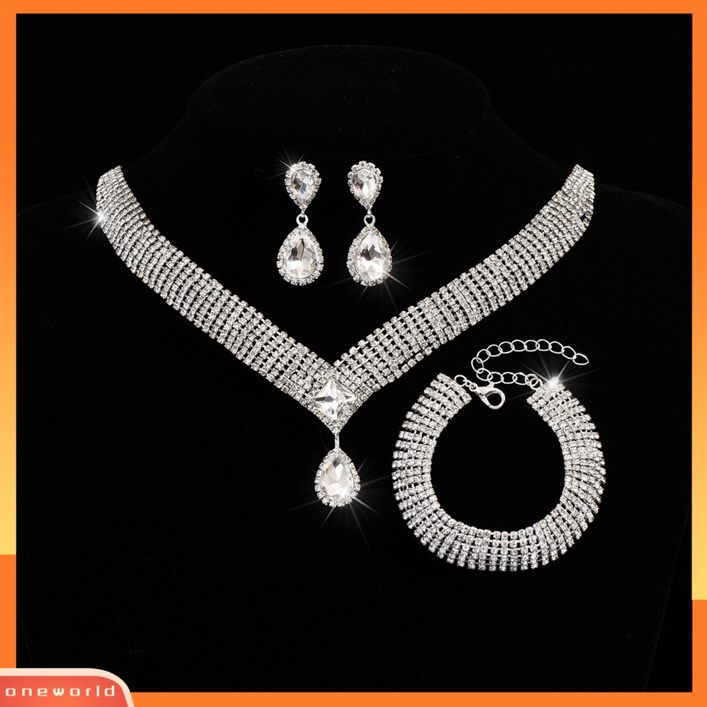 [ONE] 4 Pcs/Set Wanita Kalung Set High Gloss Dress Up Hypoallergenic Berlian Imitasi Bersinar Terang Kilau Set Perhiasan Aksesori