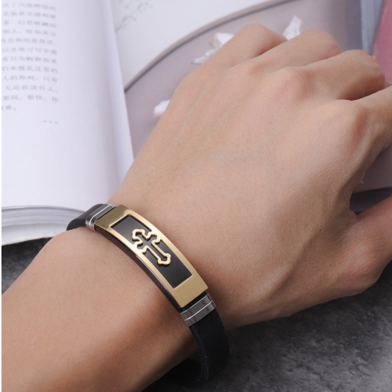 Z H Perhiasan Vintage Hip Hop Rock Stainless Steel Salib Silikon Gelang Untuk Pria Dan Wanita Fashion Pasangan Gelang Hip Hop Pesta Perhiasan Aksesoris