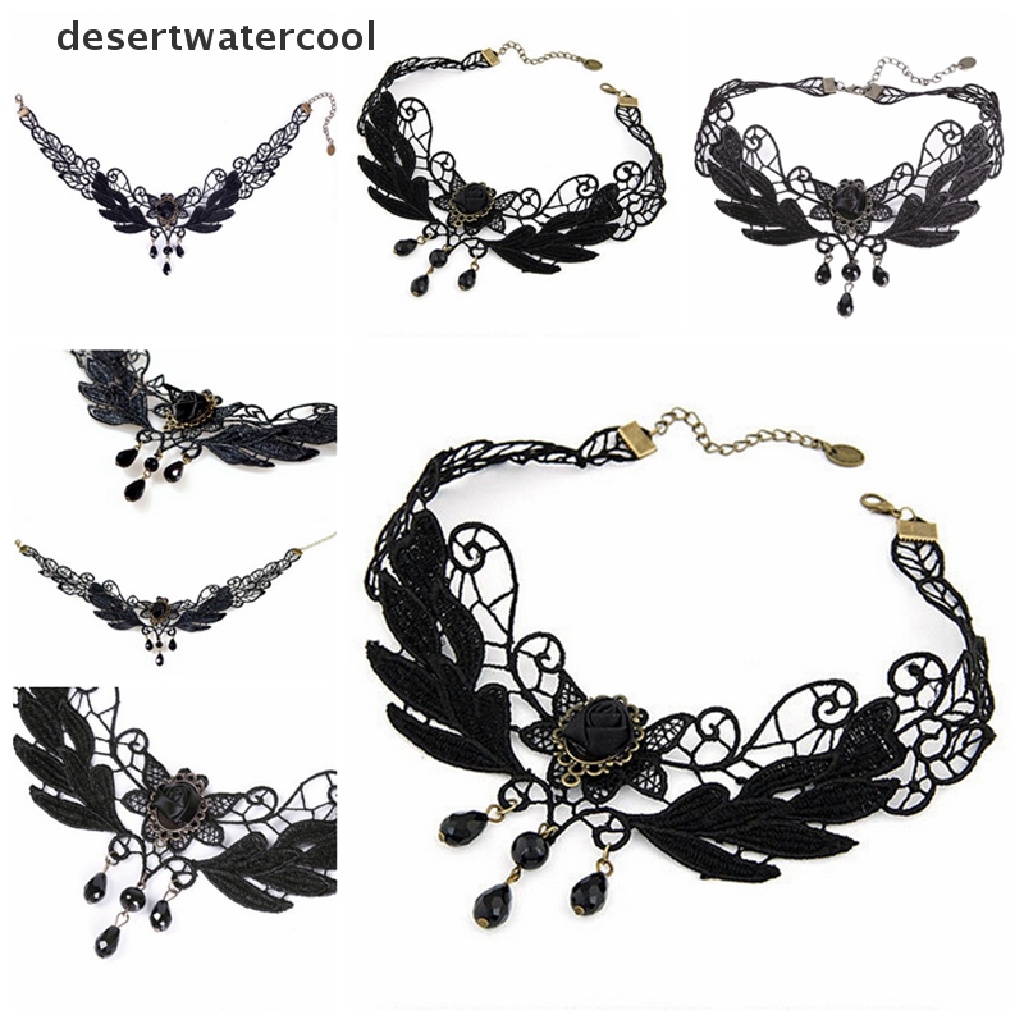 Deid Baru Wanita Hitam Mawar Teardrop Manik Liontin Renda Choker Lolita Kerah Kalung Martijn