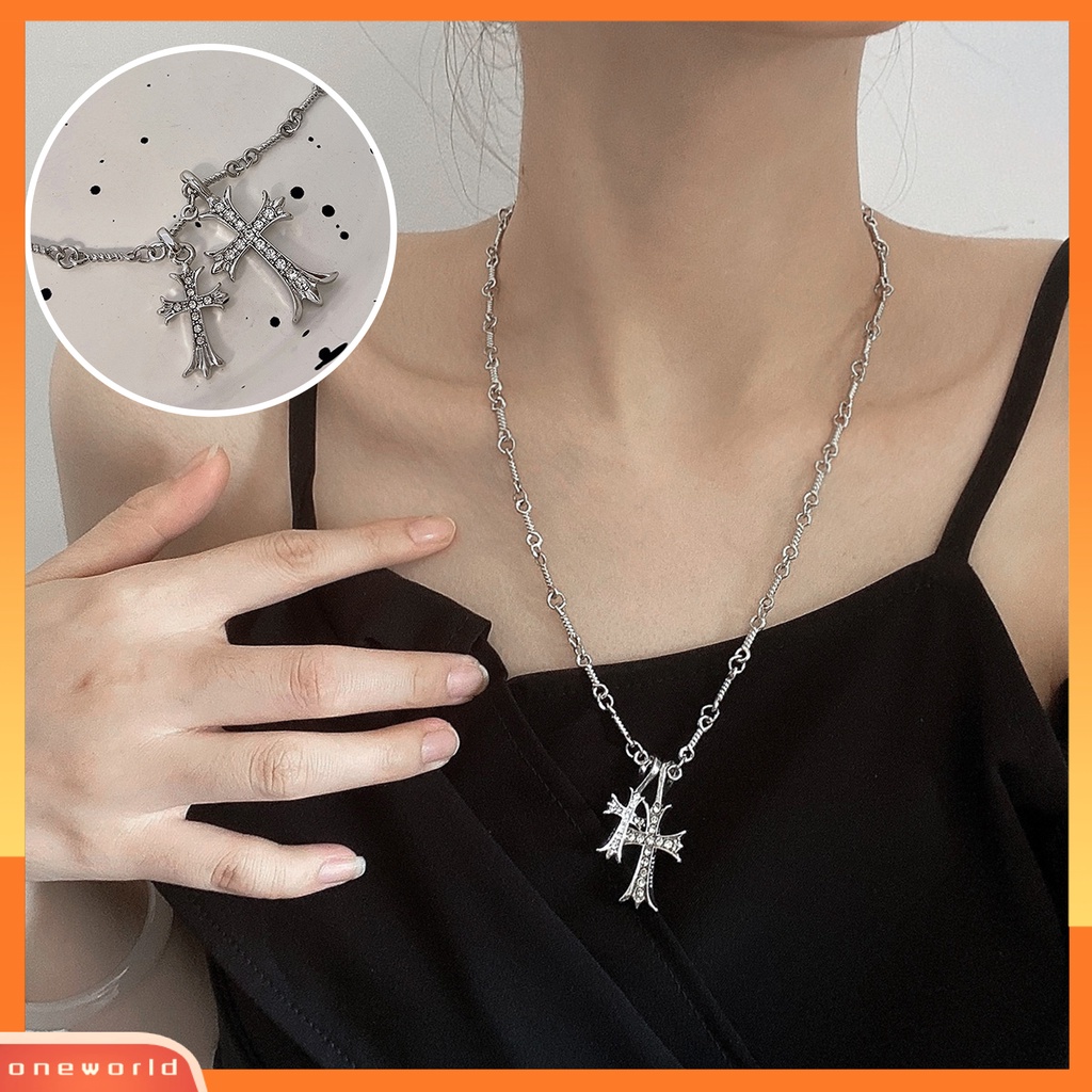 [ONE] Dewasa Kalung Hip Hop Punk Keren Tulang Naga Retro Berlian Imitasi Bertatahkan Salib Ganda Pria Wanita Kalung Fashion Perhiasan