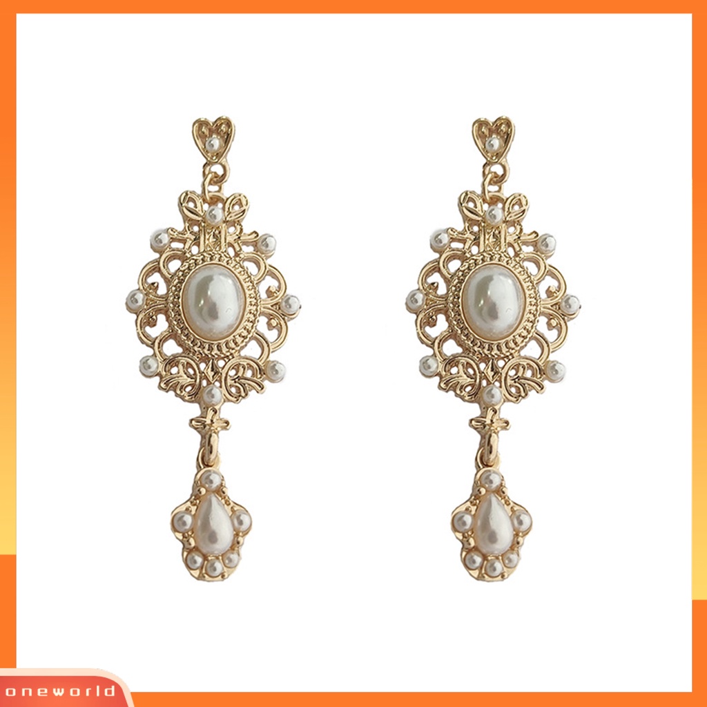 [EONE] 1pasang Anting Menjuntai Desain Pengadilan Kerajaan Mutiara Imitasi Pola Geometris Temperamen Klasik Berdandan Hias Pengadilan Retro Baroque Stud Earrings Fashion Perhiasan