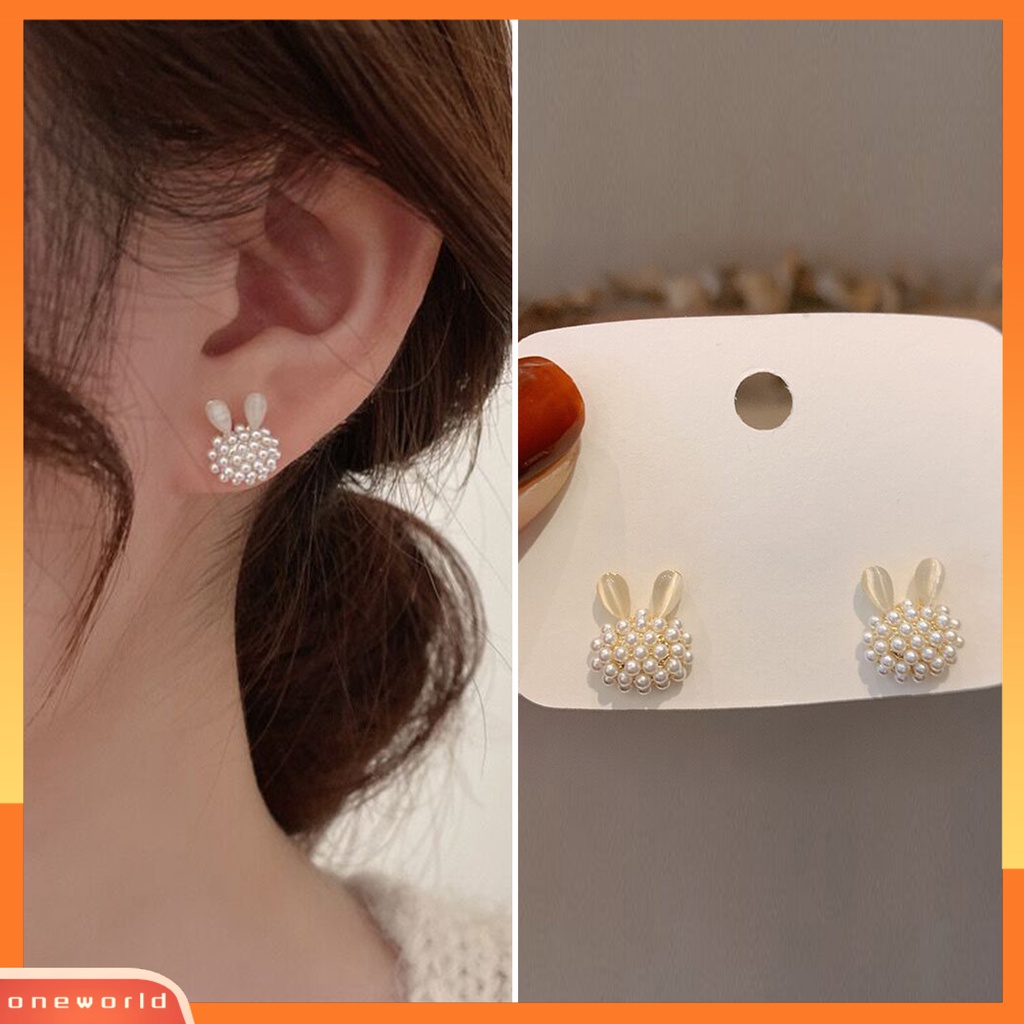 [EONE] 1pasang Ear Studs Faux Opal Temperamen Elegan Lucu Berkilau Tinggi Mutiara Imitasi Kelinci Bunny Wanita Anting Perhiasan Fashion