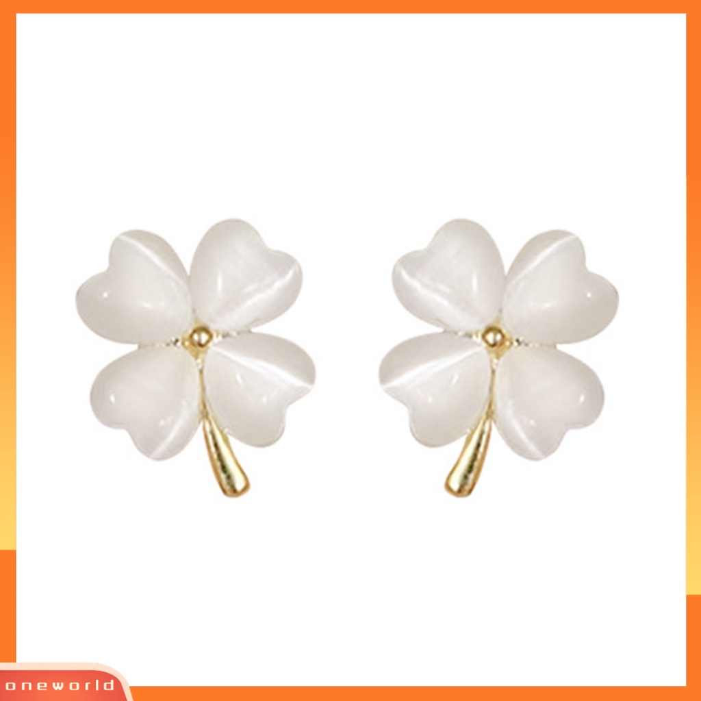 [EONE] 1pasang Ear Studs Faux Opal Makna Keberuntungan Desain Sederhana Temperamen Empat Daun Clover Stud Earrings Aksesoris Fashion