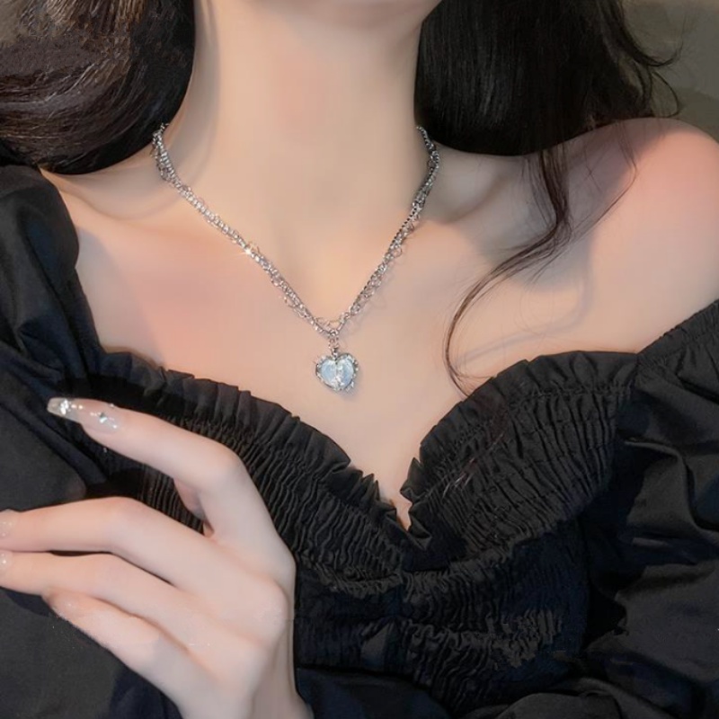 Riselife Bergaya Bersinar Kristal Moonstone Kanan Kiri Hati Liontin Kalung Untuk Wanita Gadis Keren Manis Cinta Pesona s925 Perak Zirkon Manik-Manik Rantai Kalung Perhiasan Aksesoris