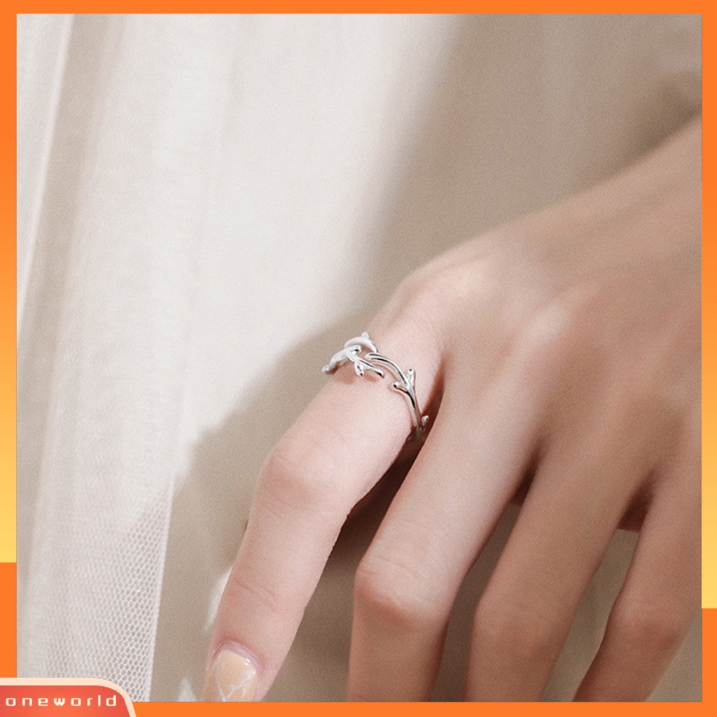 [EONE] Open Ring Adjustable Geometris Electroplating Tanduk Menawan Dekorasi Tahan Aus Cabang Sederhana Daun Cincin Tipis Aksesori Perhiasan