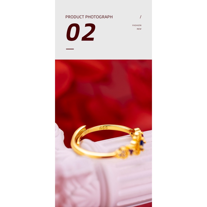 Goldkingdom Perhiasan Fashion 24K Bangkok Aksesoris Ready Stock Empat Daun Rumput Berlian Cincin Wanita Berlapis Emas Serbaguna Ring