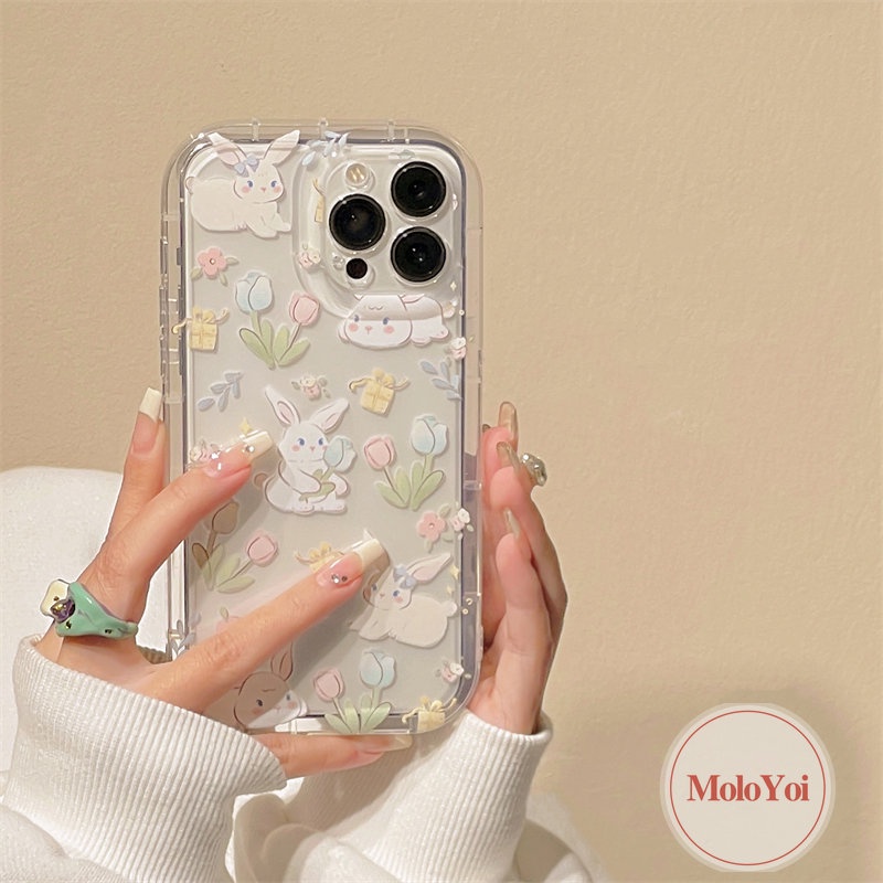 IPHONE Lucu Kartun Kelinci Cover Kompatibel Untuk Iphone11 7Plus 8Plus XR 14 13 12 Pro MAX 6 6S Plus X XS MAX Ins Fresh Flower Airbag Shockproof Transparan Tpu Soft Phone Shell Case