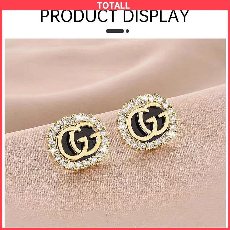 COD Anting persegi pin perak S925，Desain Huruf Anting bertabur berlian untuk wanita-Totall