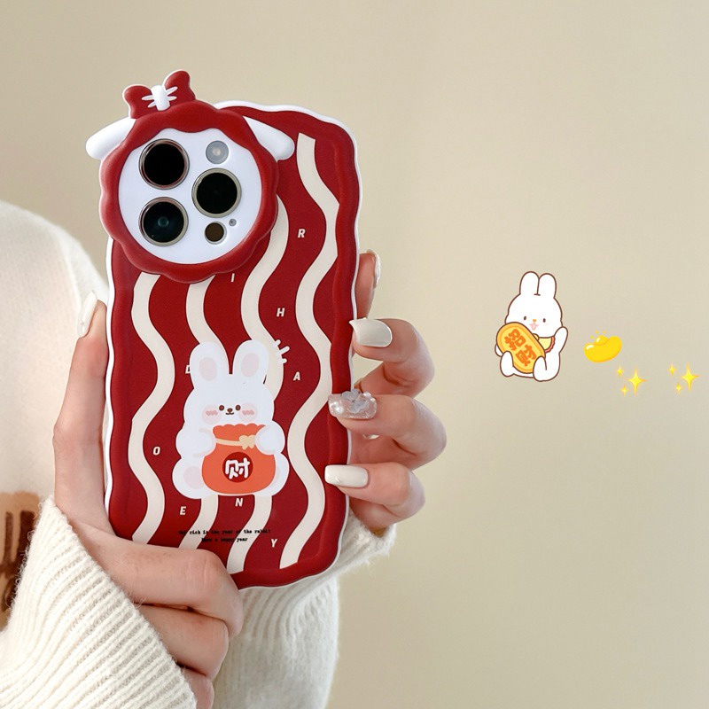 【Lamb Style】Red Wave Bunny Soft TPU Case HP iP iPhone 11 12 13 14 Pro Max 7 8 + Plus SE 2020 X XS XR Max Girl Woman FTD Casing Apple