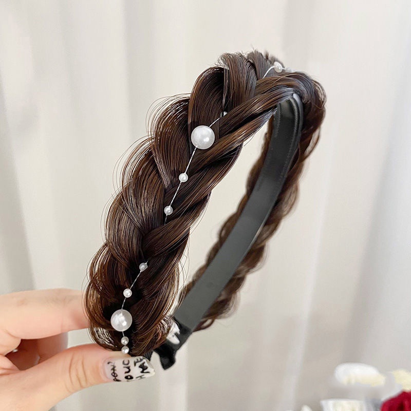 Jepang Korea Gaya Baru Tulang Ikan Kepang Wig One-Piece Twist Braid Mutiara Rumbai Berkelas Ikat Kepala