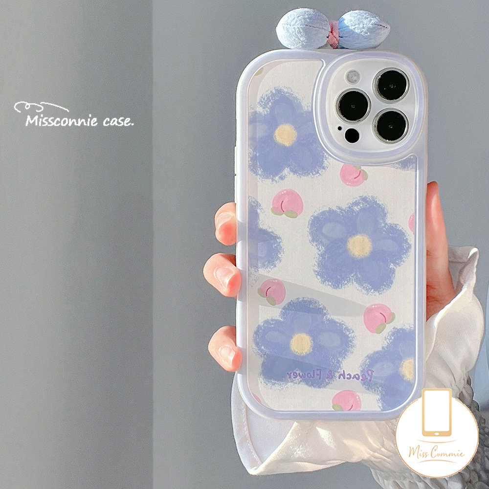 IPHONE Kartun Lucu 3D Ikatan Simpul Menghias Ponsel Case Kompatibel Untuk Iphone11 14 13 12 Pro Max XR X XS Max 7plus7 8 6 6s Plus SE 2020 INS Lukisan Cat Minyak Bunga Biru Musim Panas Peach Soft Case