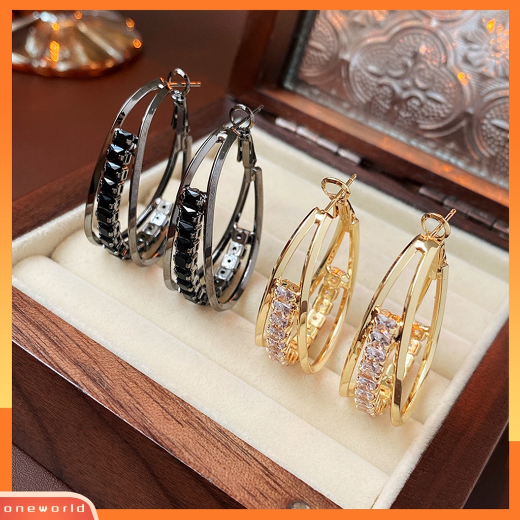 [EONE] 1pasang Anting Hoop Double-Layered Cubic Zirconia Geometris Berlebihan Kepribadian Berdandan Temperamen Berlapis Lingkaran Besar Anting Perhiasan Aksesoris