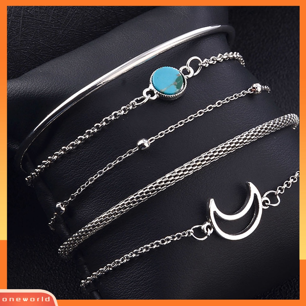 [EONE] 5pcs/set Wanita Gelang Set Multi Bentuk Bulan Rantai Alloy Lady Bangle Set Untuk Hadiah