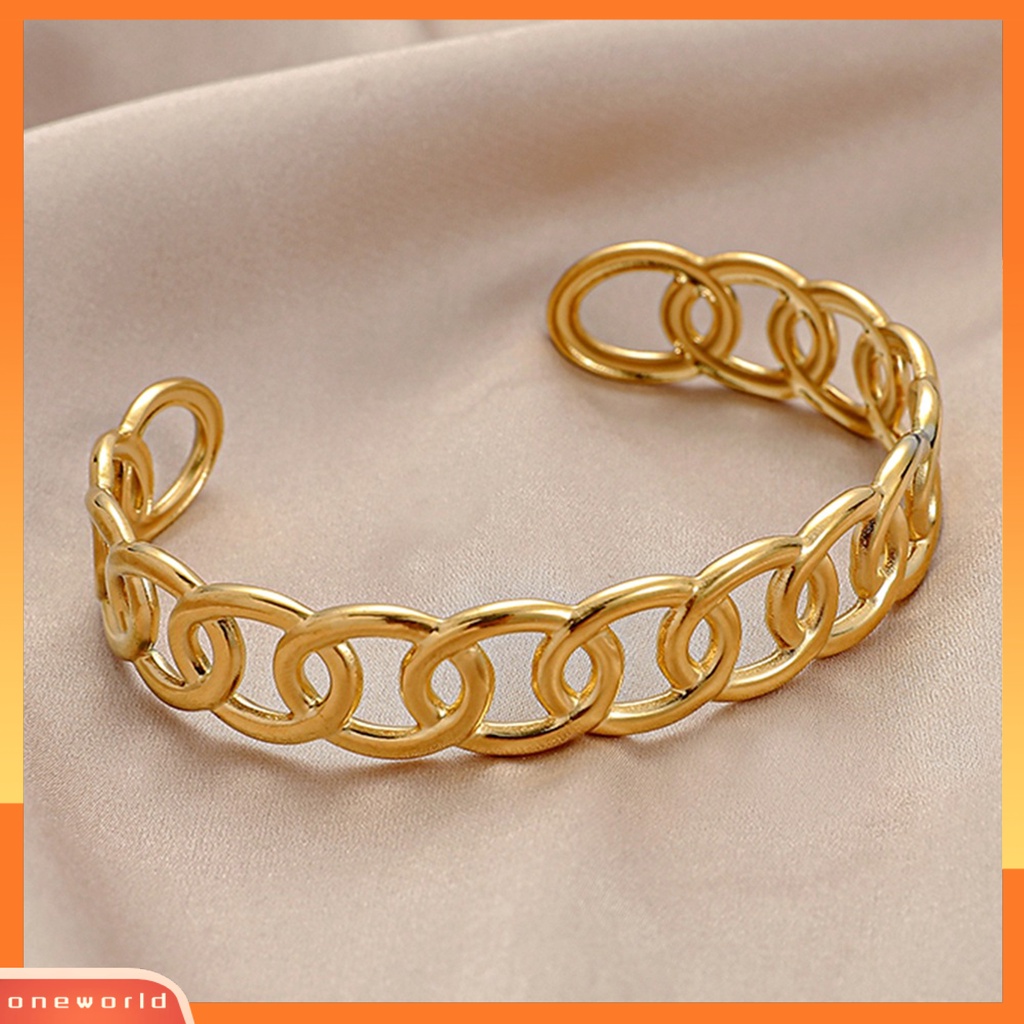 [EONE] Wanita Gelang Bentuk C Retro Rantai Stainless Steel Gaya Perancis Kerawang Bangle Hadiah Ulang Tahun