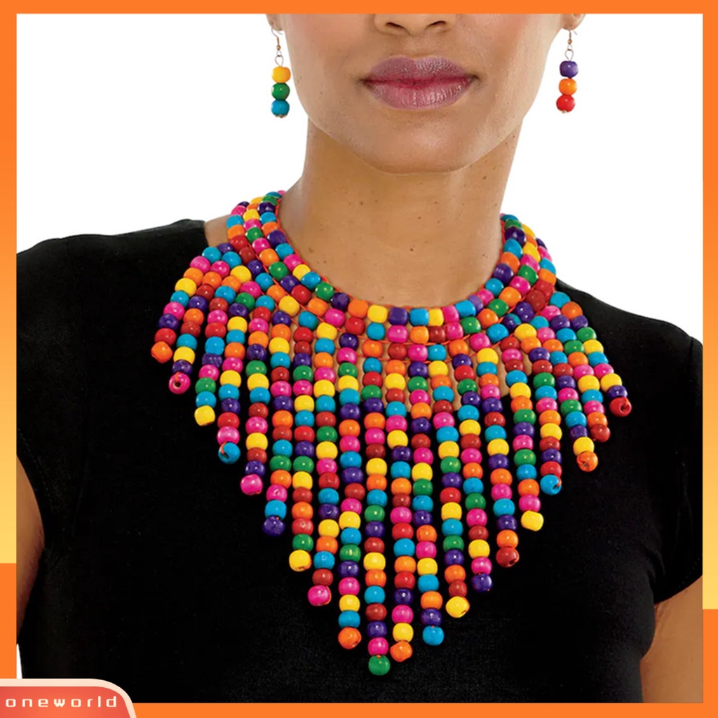 [EONE] Wanita Kalung Vintage Multilayer Warna-Warni Manik-Manik Buatan Tangan Kepribadian Menawan Boho Rumbai Kayu Manik-Manik Bib Kalung Aksesoris Pesta