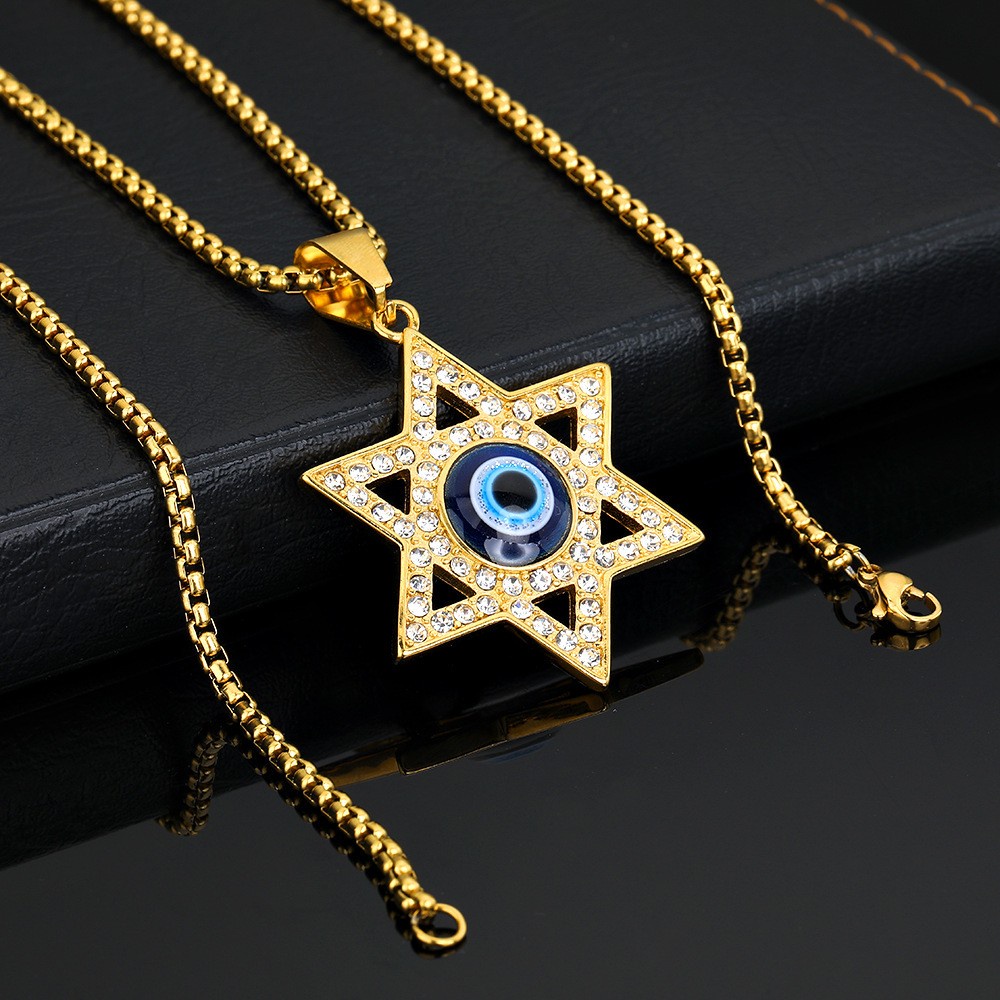 [X C Kalung] Baru Anti Karat Lapis Emas Enam Mangga Yahudi Bintang Star of David Kalung Pria Liontin Kalung