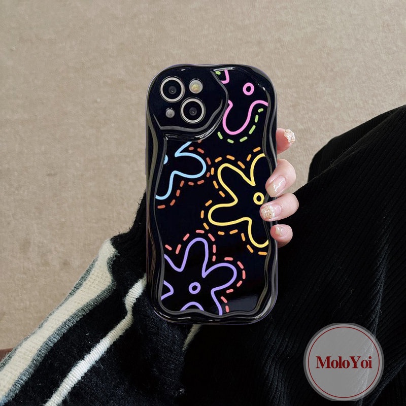 IPHONE Shockproof Glossy Fashion Garis Sederhana Bunga Telepon Case Kompatibel Untuk Iphone14 12 13 Pro Max 11 Pro Max XR X7 8 6s 6 Plus XS Max SE 2020 3D Wavy Curved Edge Soft Flowers Cover