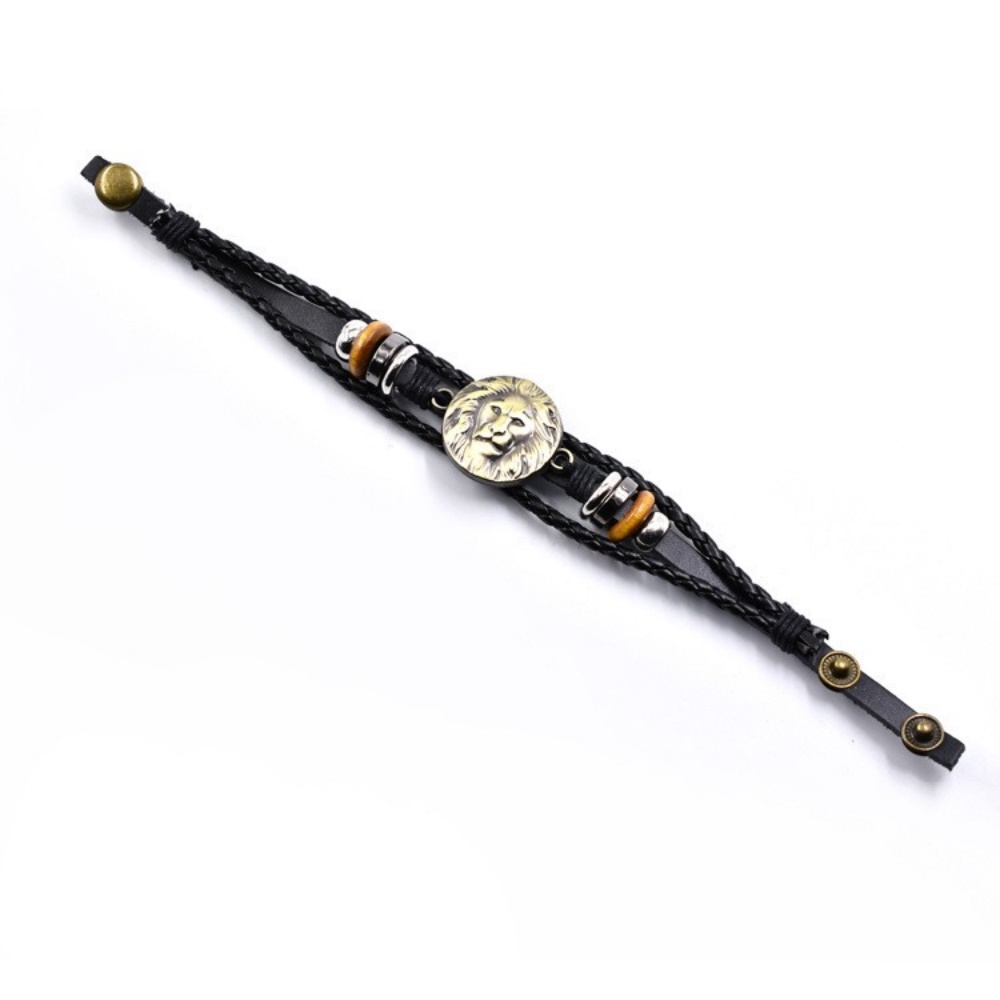 [X C Gelang] Baru Singa Afrika Gelang Hitam Kulit Vintage Hip Hop Punk Gelang Kulit Lengan Manik-Manik Multilayer Zinc Alloy Anyaman Gelang