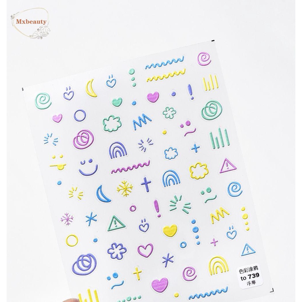 Mxbeauty Warna graffiti Nail Stiker Warna-Warni Perekat Diri Putaran DIY Nail Decals