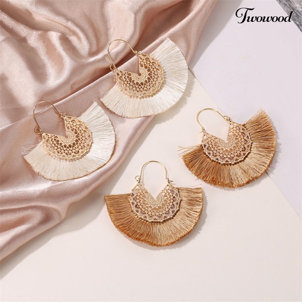 Twowood Bohemian Wanita Berbentuk Kipas Rumbai Pinggiran Bunga Menjuntai Drop Hoop Earrings Perhiasan