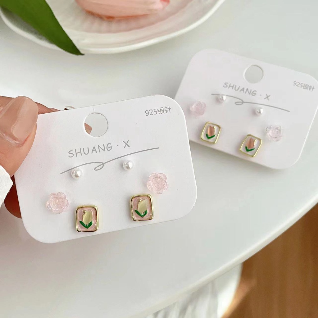 Anting Mutiara Tulip Musim Semi Dan Musim Panas Set Tiga Potong2023Pasangan Baru Anting Kecil Dan Indah Perempuan Wanita