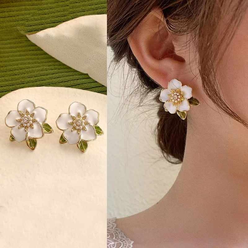 Korea Putih Murni Indah Camellia Anting S925 Perak Telinga Stud Earrings Trendi Telinga Perhiasan Aksesori