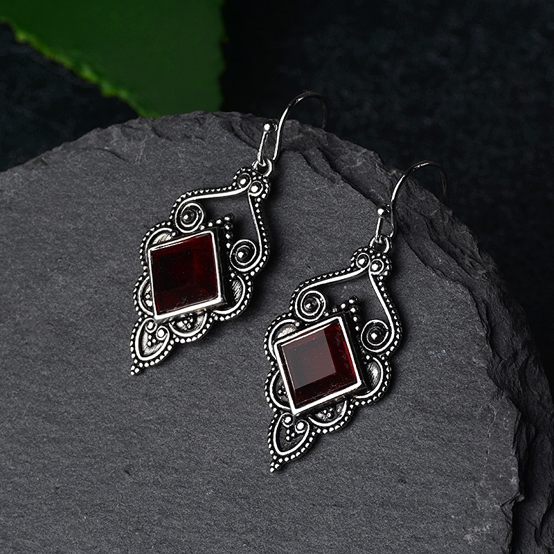 Goldkingdom Fashion Perhiasan Aksesoris Ready Stock Ruby Square Berlian Anting Vintage Thai Silver Earrings