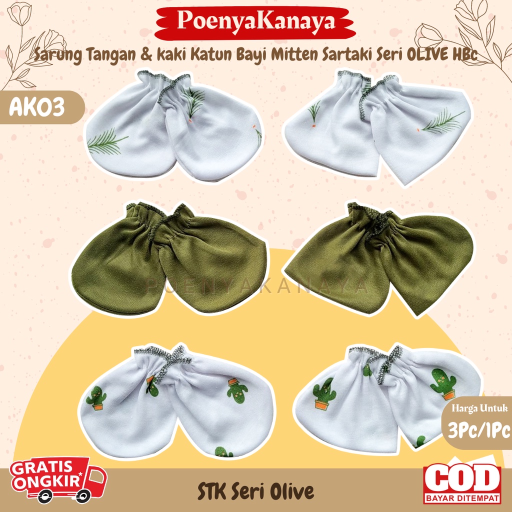 3set/1set Sarung Tangan &amp; kaki Katun Bayi Mitten Sartaki Seri OLIVE HBc AK03