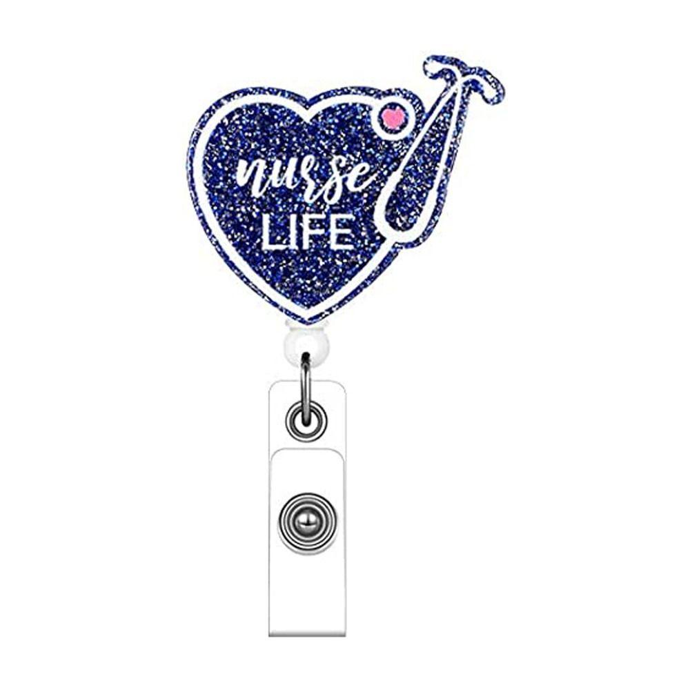 Mxbeauty Klip Gulungan Cinta Hati Ditarik Bling ID Badge Reel Clip Name Tag Badge Gulungan Suppies Kantor Hospital Badge Holder