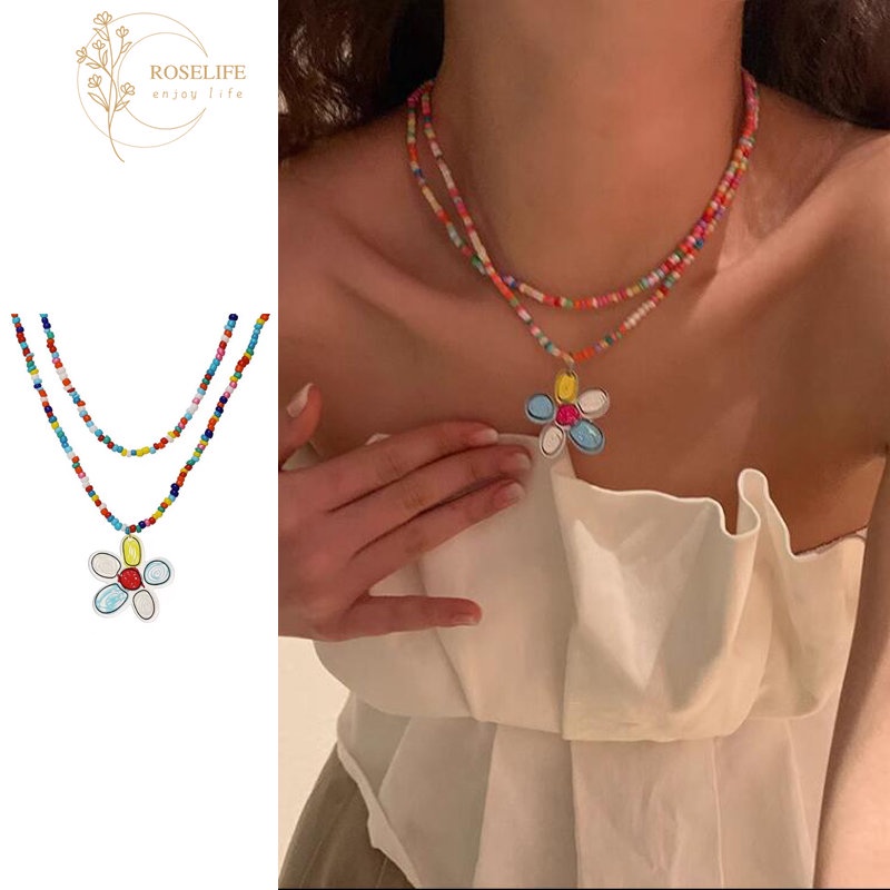 Roselife Korea Musim Panas Vintage Double Layer Warna-Warni Manik-Manik Rantai Kupu-Kupu Bunga Matahari Liontin Kalung Untuk Wanita Gadis Fashion Rainbow Butterfly Floral Necklaces Liburan Perhiasan