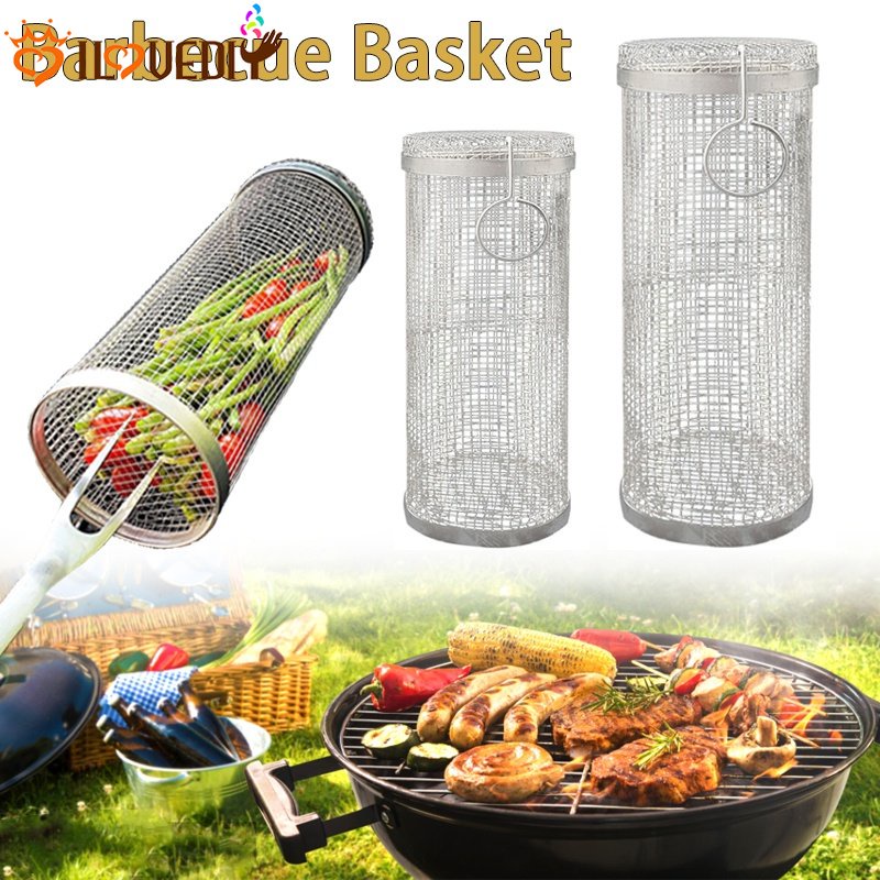 Tahan Panas Panggang Rolling Cylinder Portable Efisien Alat Masak Stainless Steel Makanan Memanggang Keranjang Bulat BBQ Mesh Barrel Dengan Pegangan