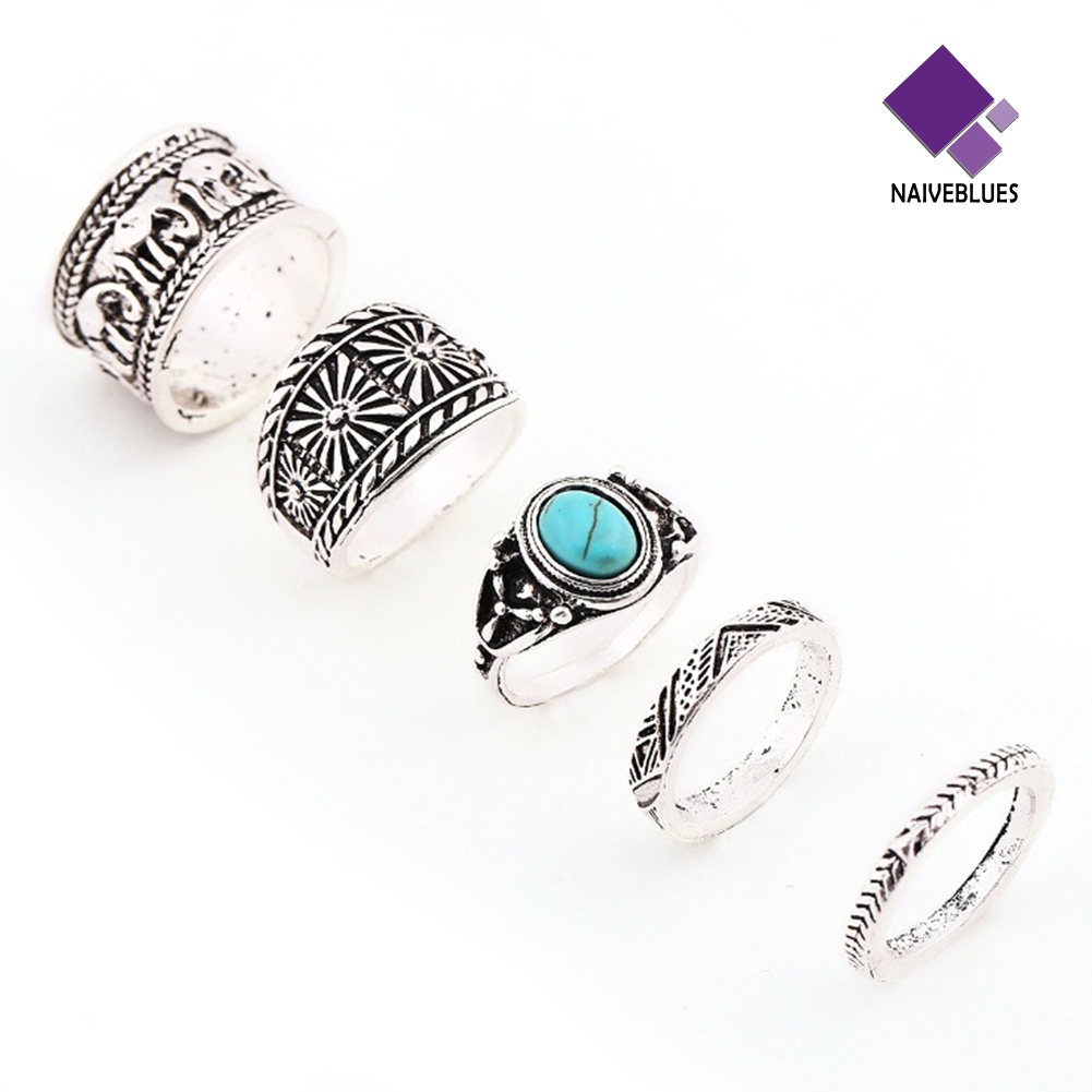 &lt; Naiveblues &gt; 5Pcs/Set Cincin Buku Jari Wanita Gajah Pirus Ukir Vintage Susun