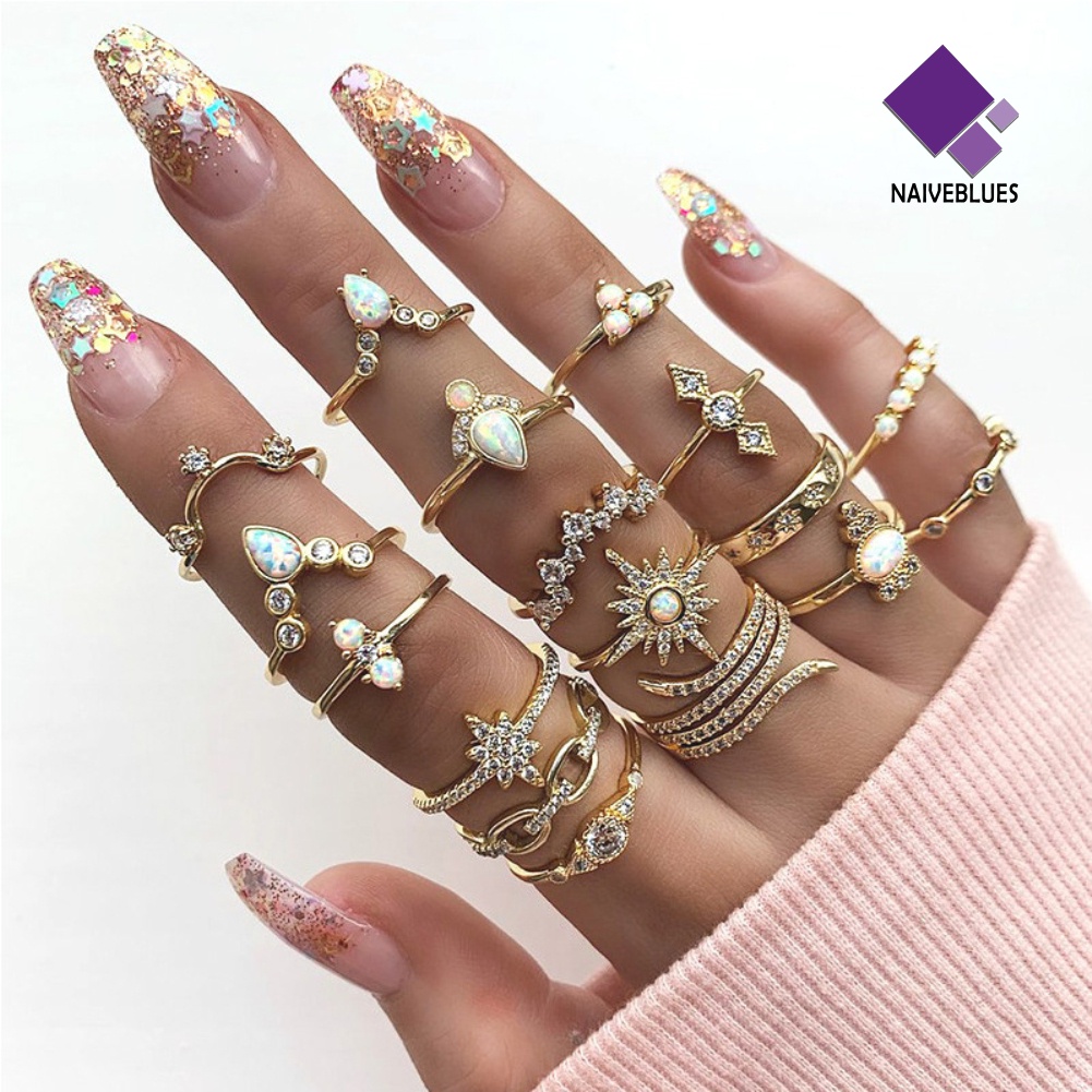 &lt; Naiveblues &gt; 17Pcs/Set Bohemian Wanita Berlian Imitasi Hias Bunga Jari Cincin Hadiah Pesta