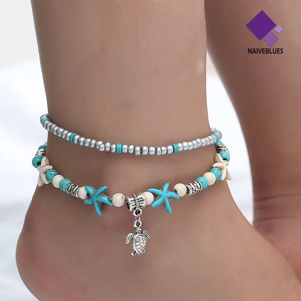 &lt; Naiveblues &gt; Bintang Laut Double Layer Wanita Gelang Kaki Alloy Bohemia Beads Adjustable Chain Hawaii