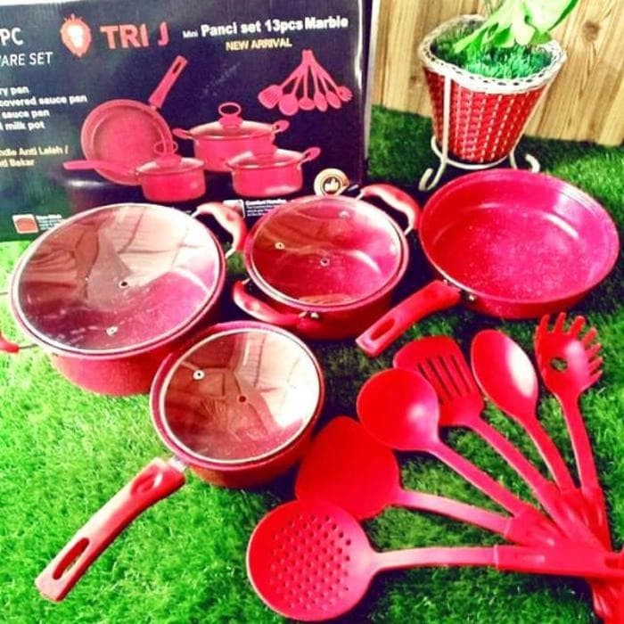 13 Pcs Cookware Set Tutup Kaca / Panci Teflon Marble