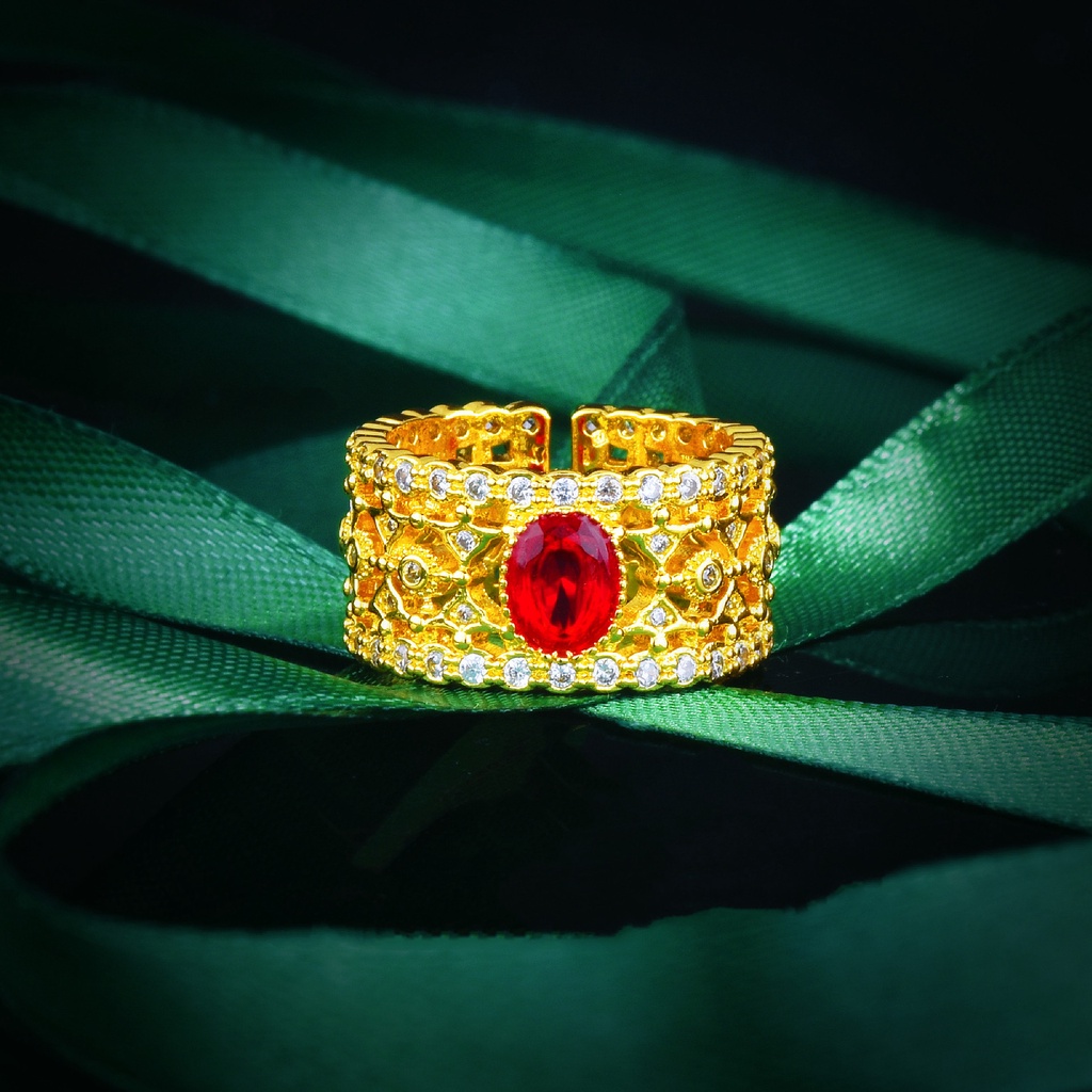 Goldkingdom Aksesoris Perhiasan Fashion Ready Stock Vintage Merpati Darah Ruby Cincin Emas Klasik Retro Antik Cincin Wanita Ujung Terbuka