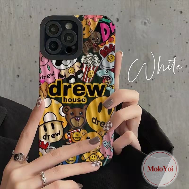 Mewah Tekstur Kulit Lembut Tpu Shockproof Phone Case Kompatibel Untuk IPhone XR XS X Max 7Plus 11 14 13 12 Pro Max7 8 Plus 11 Pro Max Trendi Merek Drew House Kartun Smile Cover