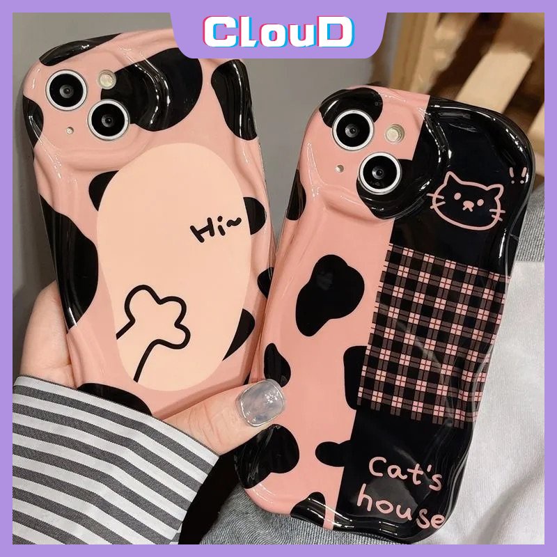 Casing 3D Wavy Curved Edge Glossy Cute Cat Kompatibel Untuk IPhone 7Plus 11 14 13 12 Pro Max XR 76 8 6s Plus X XS Max SE 2020 Shockproof Airbag Leopard Kotak-Kotak Soft Cover