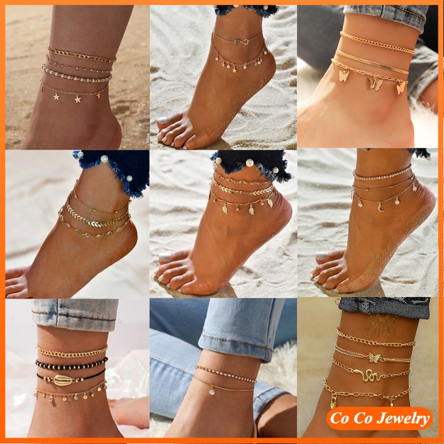 Gelang Kaki Berpohon Multi-layer Emas Pantai Musim Panas Untuk Aksesoris Fashion Wanita Gadis