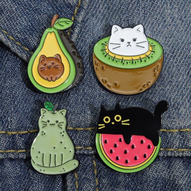 Buah-buahan Lucu Kucing Enamel Pin Strawberry Manis Lemon Bros Lencana Kartun Hewan Kerah Lencana Ransel Perhiasan Hadiah