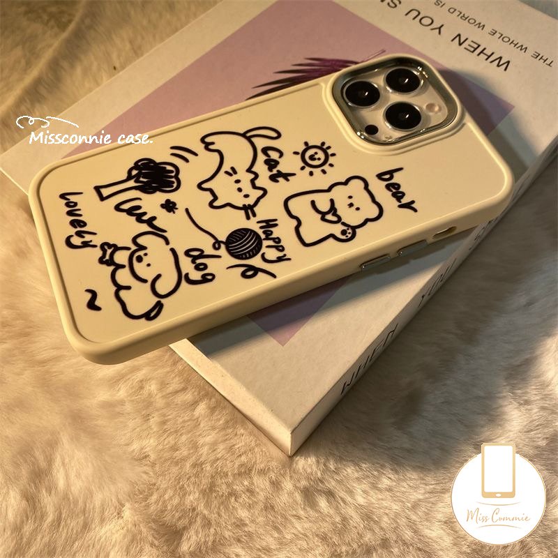 IPHONE Graffiti Lucu Kartun Beruang Ponsel Case Kompatibel Untuk Iphone11 14 13 12 Pro Max 8Plus 7Plus XR 87 Plus X XS Max Indah Kucing Anjing Logam Bingkai Lensa Lembut Tpu Cover