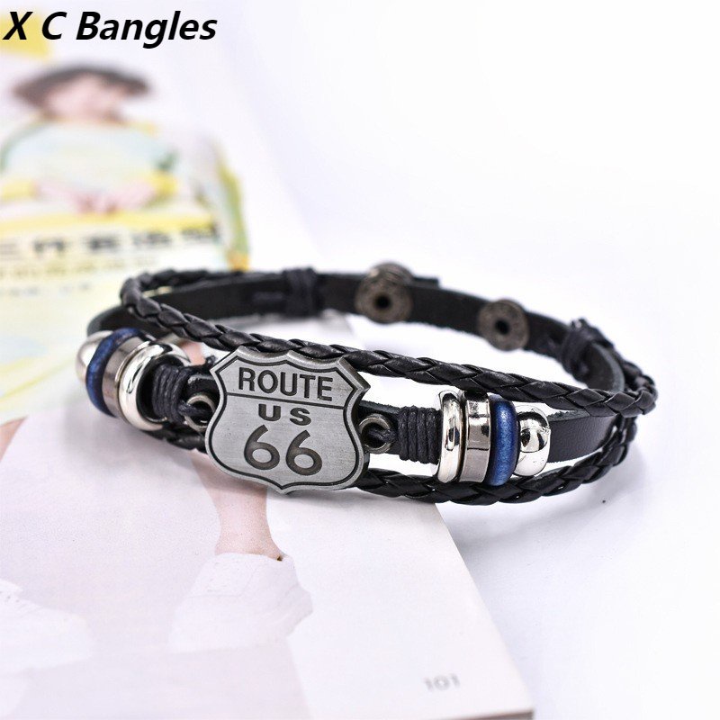 [X C Gelang] Baru US Route66Ibu Jalan Gelang Hitam Kulit Vintage Hip Hop Punk Kulit Gelang Lengan Manik-Manik Multilayer Zinc Alloy Anyaman Gelang