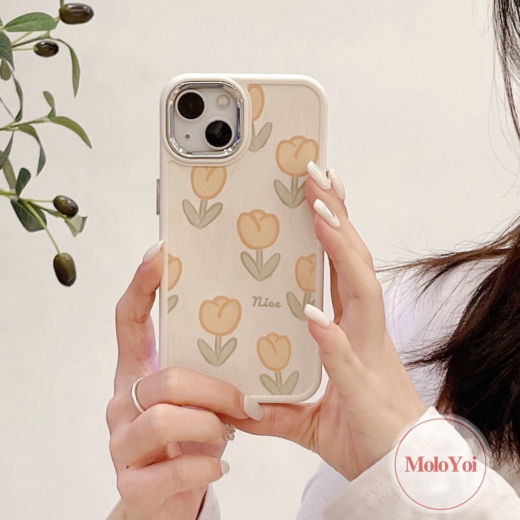 IPHONE Luxury Plating Electroplate Fresh Tulip Flower Phone Case Kompatibel Untuk Iphone11 14 12 13 Pro MAX 7plus 8plus XR X7 8 Plus XS MAX Frame Lensa Metal Shockproof Soft Cover