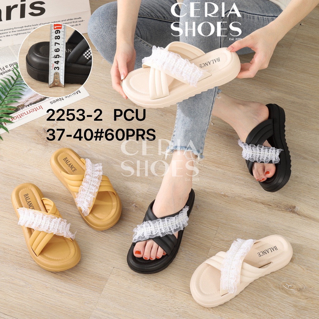 Sandal Slop Wanita Karet Jelly Import Motif Renda Silang Hak Tebal Bahan Empuk Sol Anti Slip BALANCE 2253