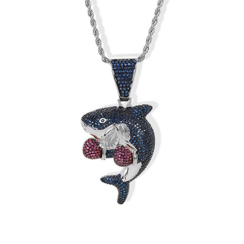 Cubic Zirkon Tinju Hiu Liontin Kalung Warna Emas Pesona Bling Pria Rantai Keluar Neckalce Hip Hop Anime Liontin Pesta Perhiasan