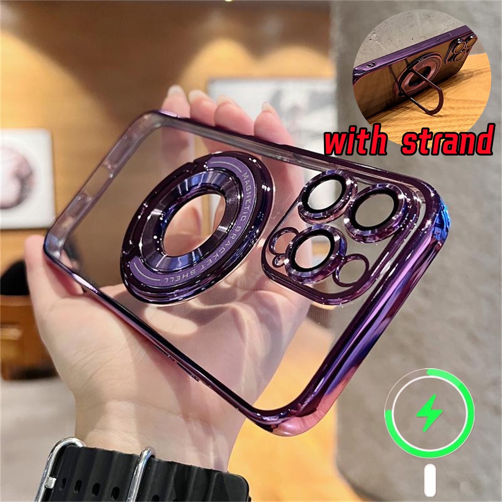 Casing Magnet Logam Mewah iphone 14 pro max plus case iphone 11 12 13 pro max case Kamera Perlindungan Lensa Dengan bracket shockproof protection soft case