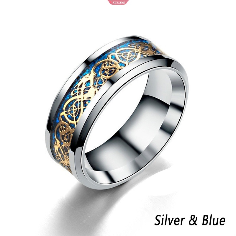 Mojygt Pria Cincin Perhiasan Merah Biru Hitam Naga Bertatahkan Kenyamanan Cocok Stainless Steel Rings Untuk Pria Pernikahan Cincin Lebar 8mm [ZXL]