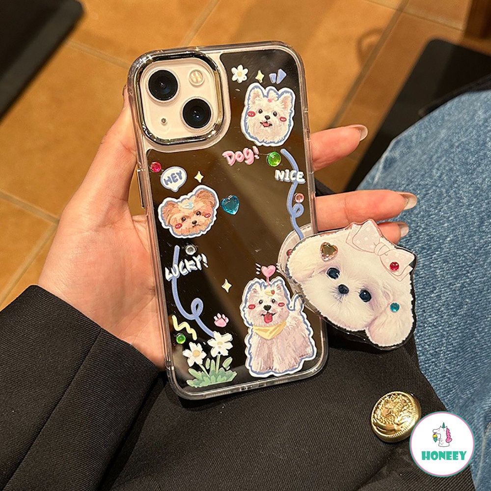 IPHONE Casing Ponsel Cermin Puppy Bunga Lucu Kompatibel Untuk Iphone11 12 13 14 Pro Max Shockproof Handphone Back Cover